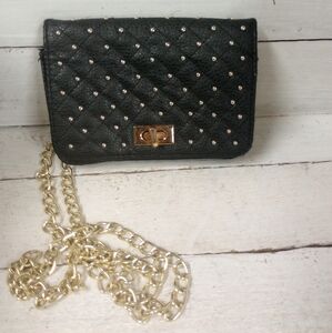 Lulu Black Quilted Studded Crossbody Purse Gold Chain Strap Turn Lock